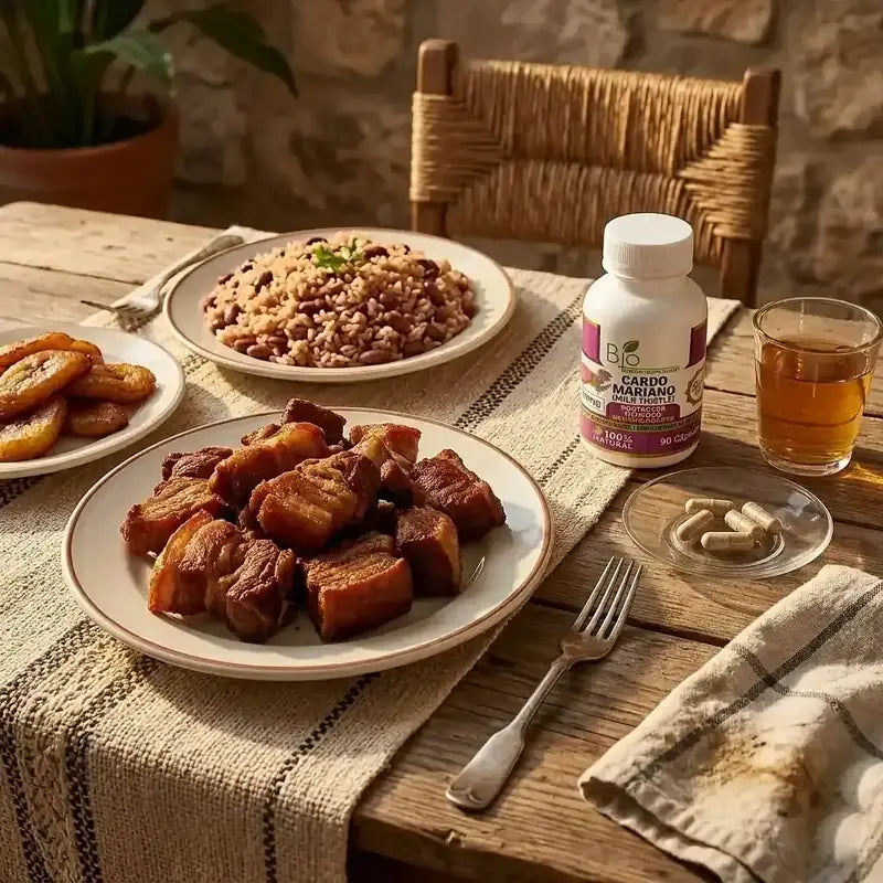 Plato de fritanga con arroz y el frasco de Cardo Mariano en la mesa