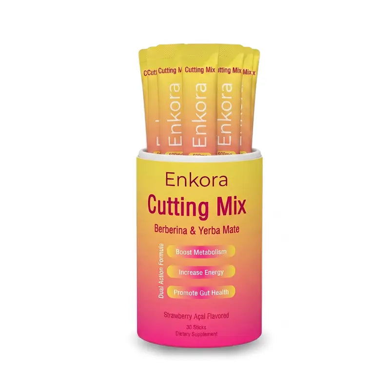 Frasco abierto de Enkora Cutting Mix con los sobres dentro