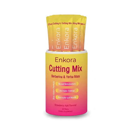 Frasco abierto de Enkora Cutting Mix con los sobres dentro