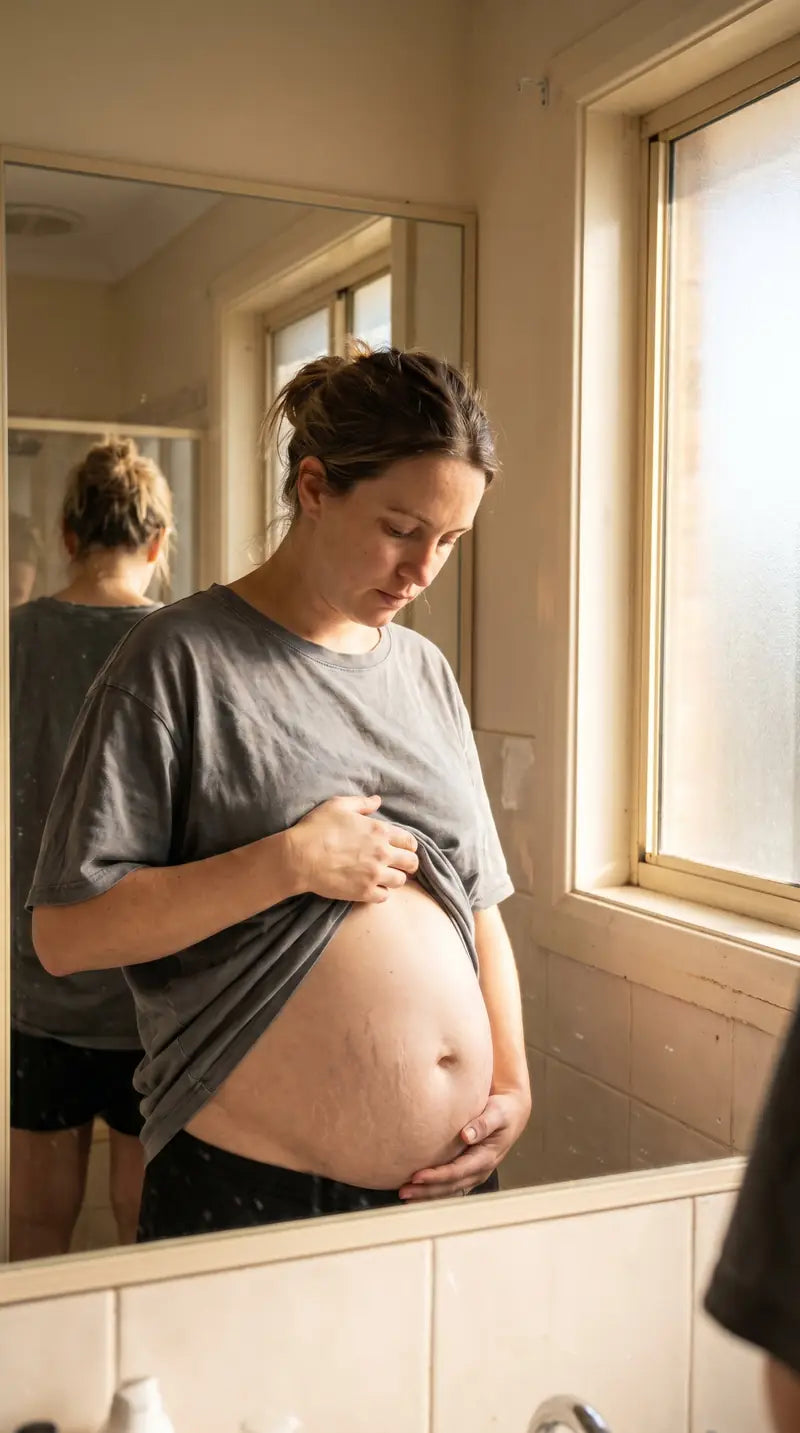 Mujer mirando su abdomen postparto