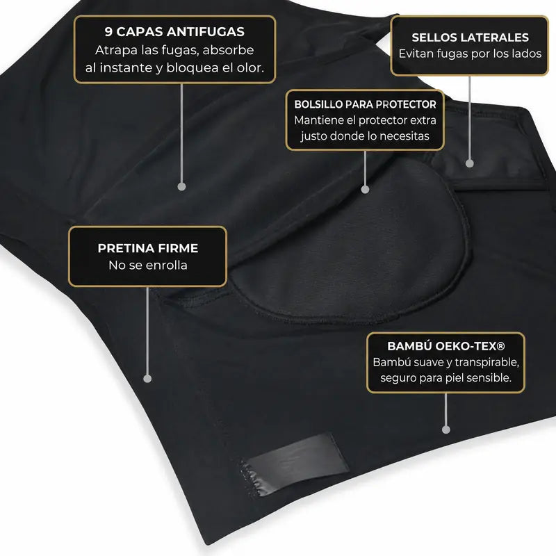 9 capas antifugas, sellos laterales y bolsillo para protector