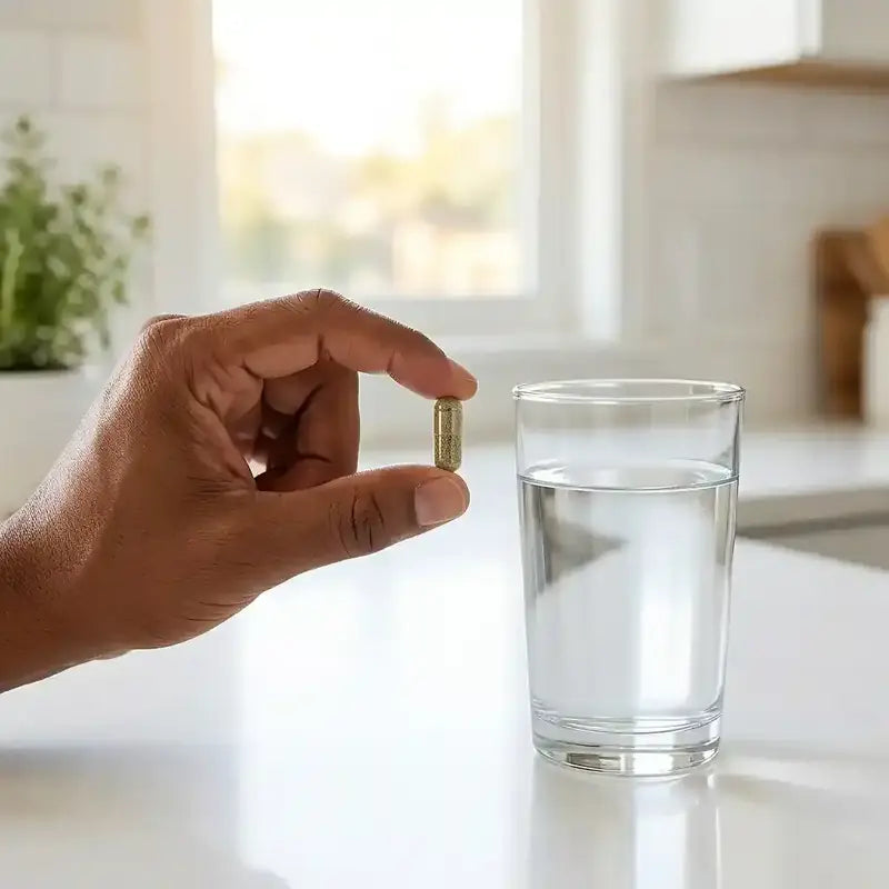 Una cápsula de Cardo Mariano junto a un vaso de agua
