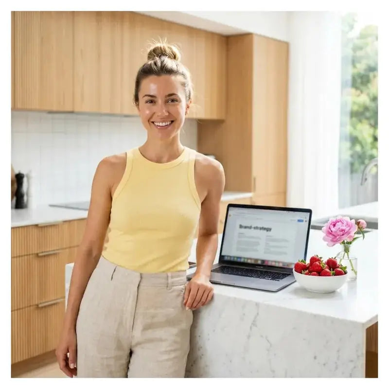 Mujer en su cocina junto al portátil