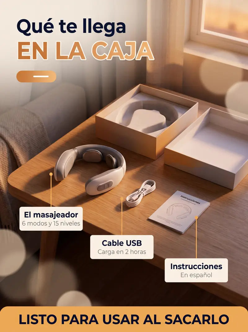 Que te llega en la caja: el masajeador de 6 modos y 15 niveles, el cable USB y las instrucciones en espanol