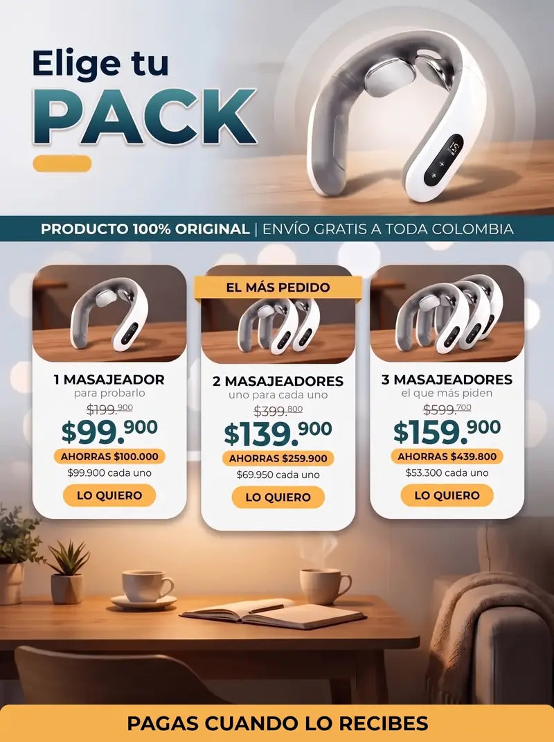 Elige tu pack: 1 masajeador 99.900, 2 masajeadores 139.900 y 3 masajeadores 159.900 pesos, pagas cuando lo recibes