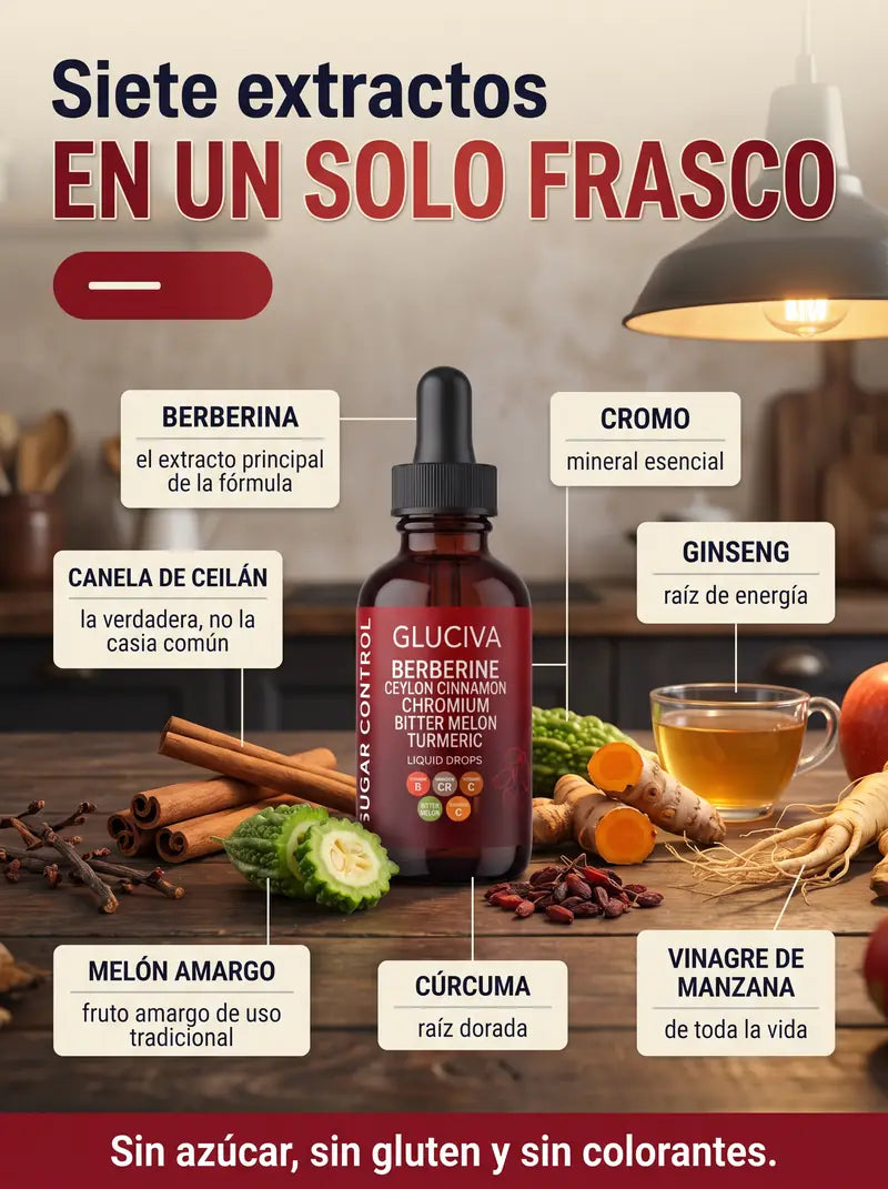 Siete extractos en un solo frasco: berberina, canela de Ceilan, cromo, melon amargo, curcuma, ginseng y vinagre de manzana