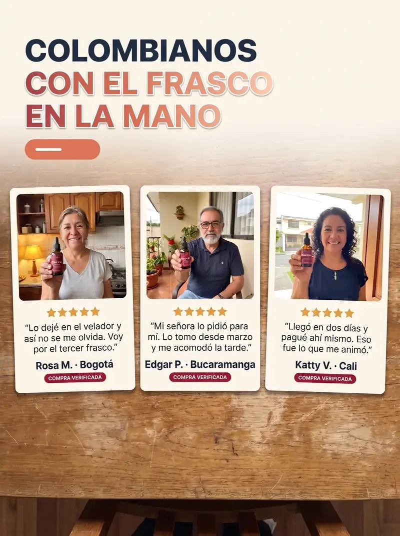 Colombianos con el frasco en la mano: Rosa M. de Bogotá, Edgar P. de Bucaramanga y Katty V. de Manta