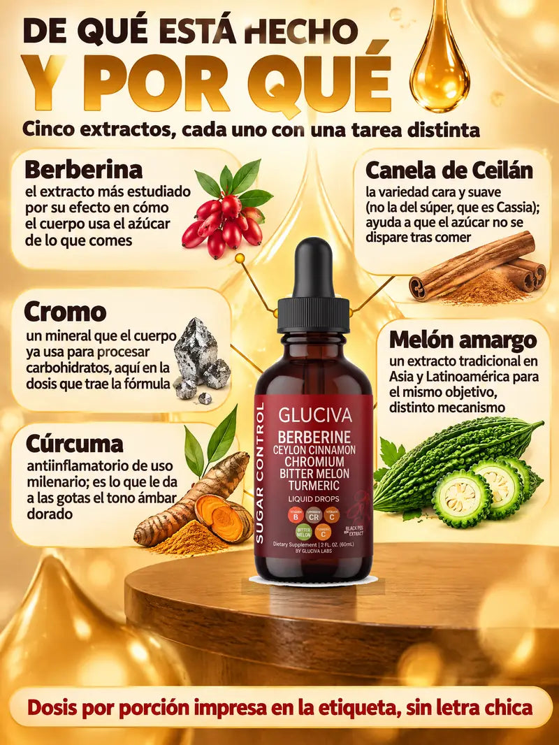 De que esta hecho y por que: berberina, canela de Ceilan, cromo, melon amargo y curcuma