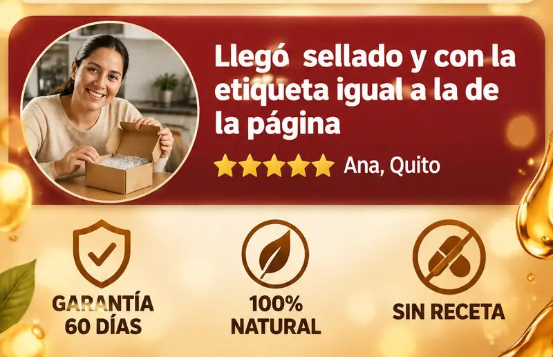 Resena de cinco estrellas: llego sellado y con la etiqueta igual a la de la pagina, Ana, Quito. Garantia 60 dias, 100% natural, sin receta