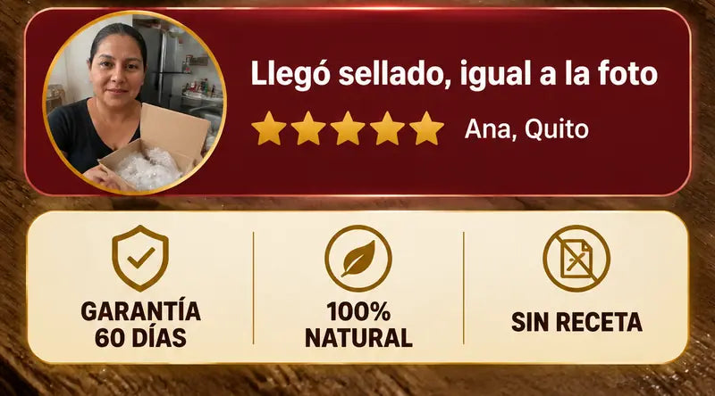 Resena de cinco estrellas: llego sellado, igual a la foto, Ana, Quito. Garantia 60 dias, 100% natural, sin receta