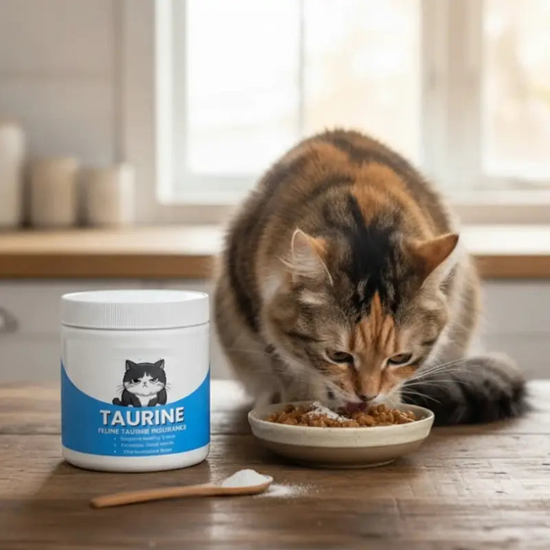 Gato comiendo junto al tarro de taurina