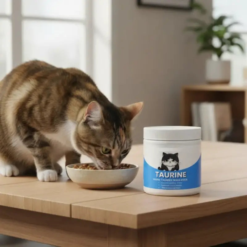 Gato comiendo su comida con taurina