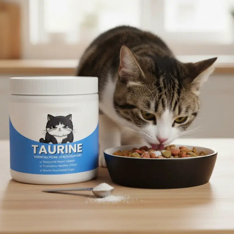 Gato comiendo con el tarro de taurina al lado