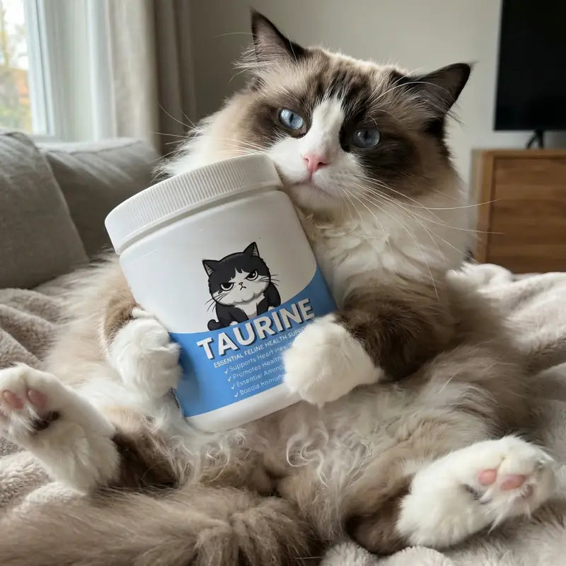 Gato abrazando el tarro de taurina