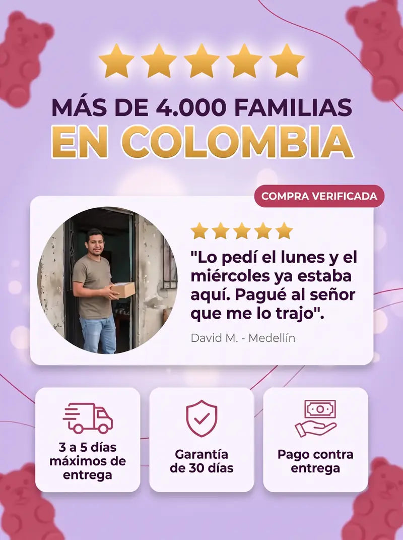 Mas de 4.000 familias en Colombia: resena de David M. de Medellín, entrega de 3 a 5 dias, garantia de 30 dias y pago contra entrega