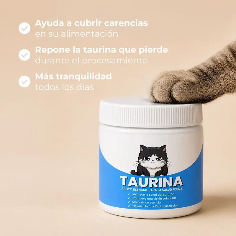 Ayuda a cubrir carencias en su alimentación y repone la taurina que pierde el procesamiento