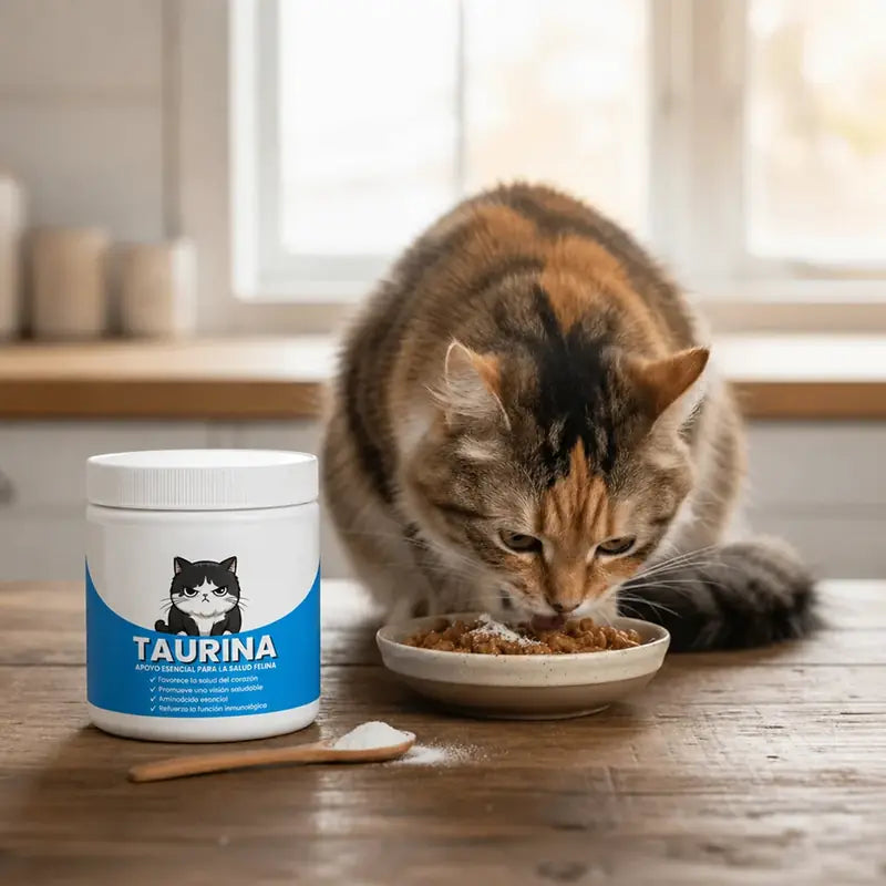 Gata comiendo junto al tarro de taurina