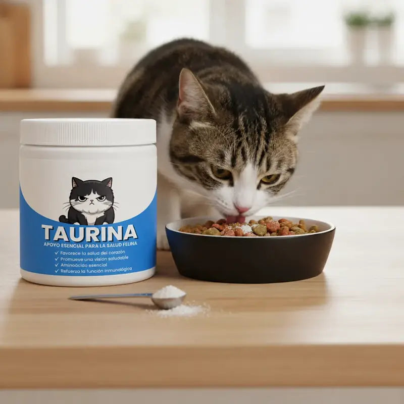 Gato comiendo con el tarro de taurina al lado