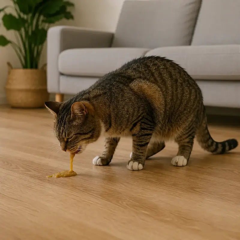 Gato vomitando en el piso de la sala