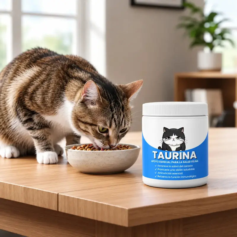 Gato comiendo junto al tarro de taurina